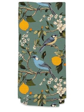 NEW hummingbird lemons waffle kitchen towel -blue/yellow